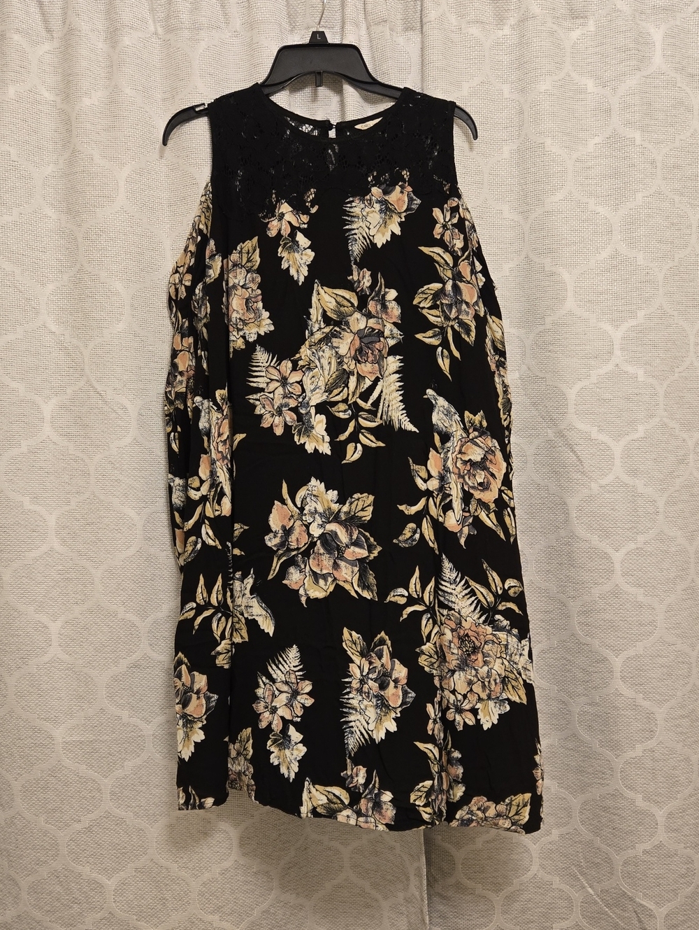 Black Floral Lace-Shoulder Midi Dress